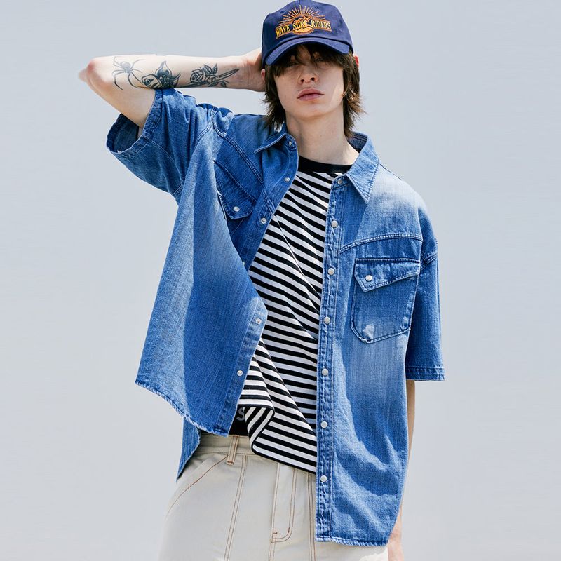 WASHED DENIM WESTERN SHIRT BLUE