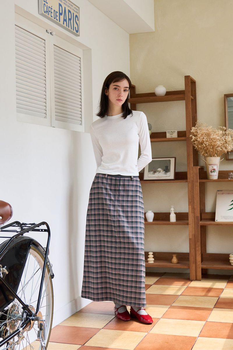 CHECK SLIT LONG SKIRT PINK