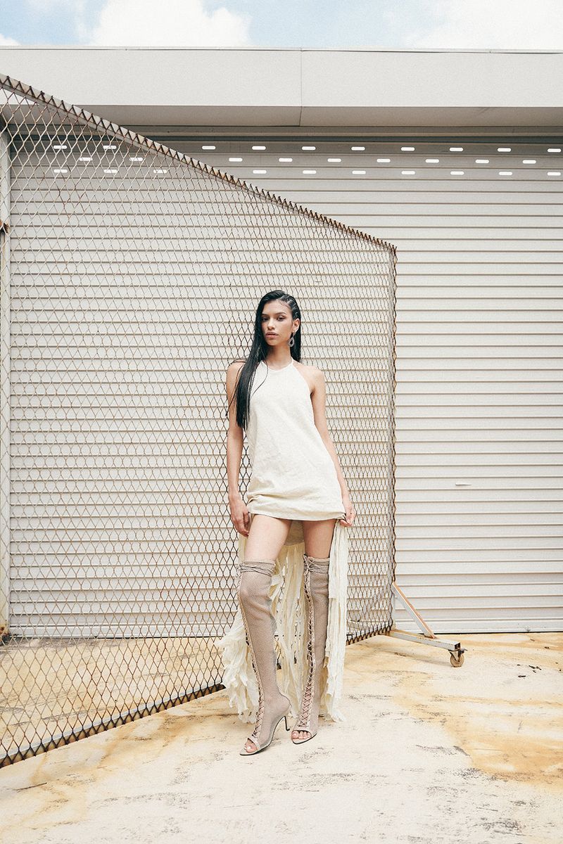 Mesh Lace-Up Open Toe Boots Heel(Beige)