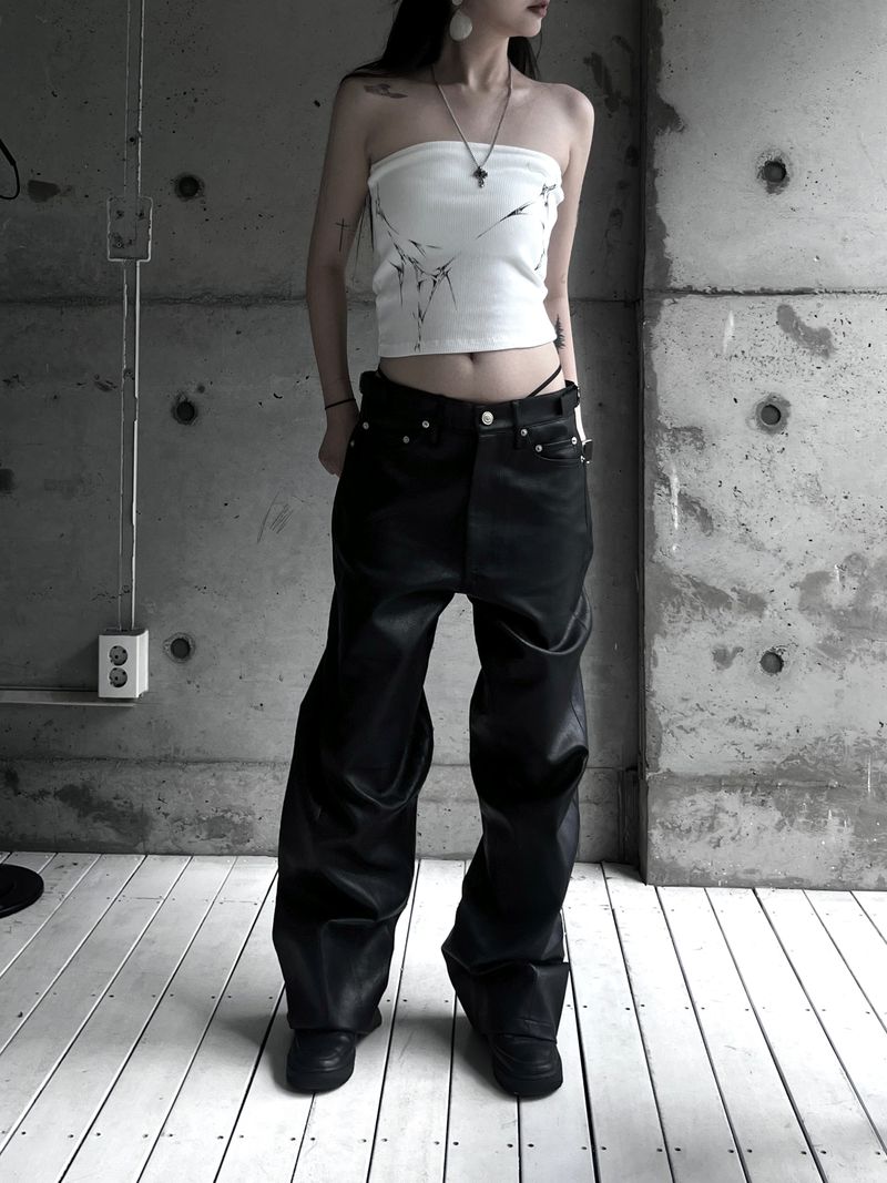 [unisex] side buckle leather wide pants