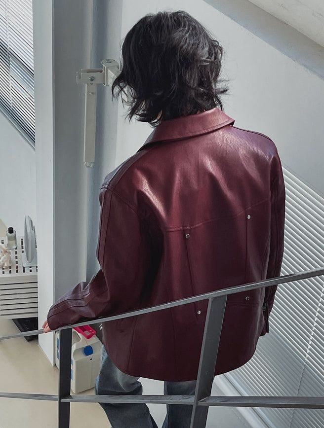 Star stud track line leather jacket