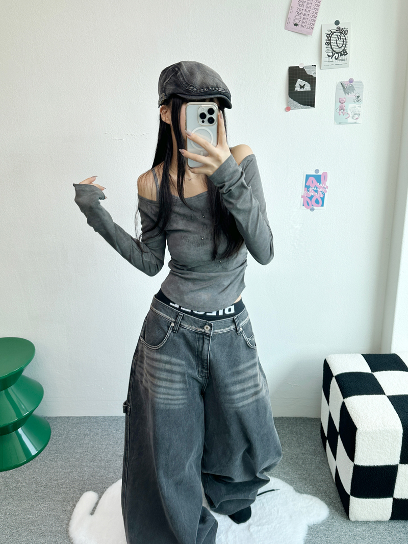 STRAP BALLOON WIDE DENIM🖤💙 - 2 COLORS