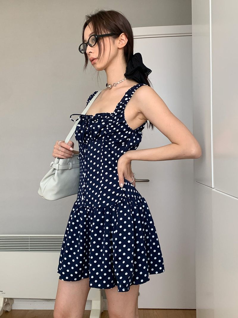 Navy Dotted Square Neck Flared Dress
