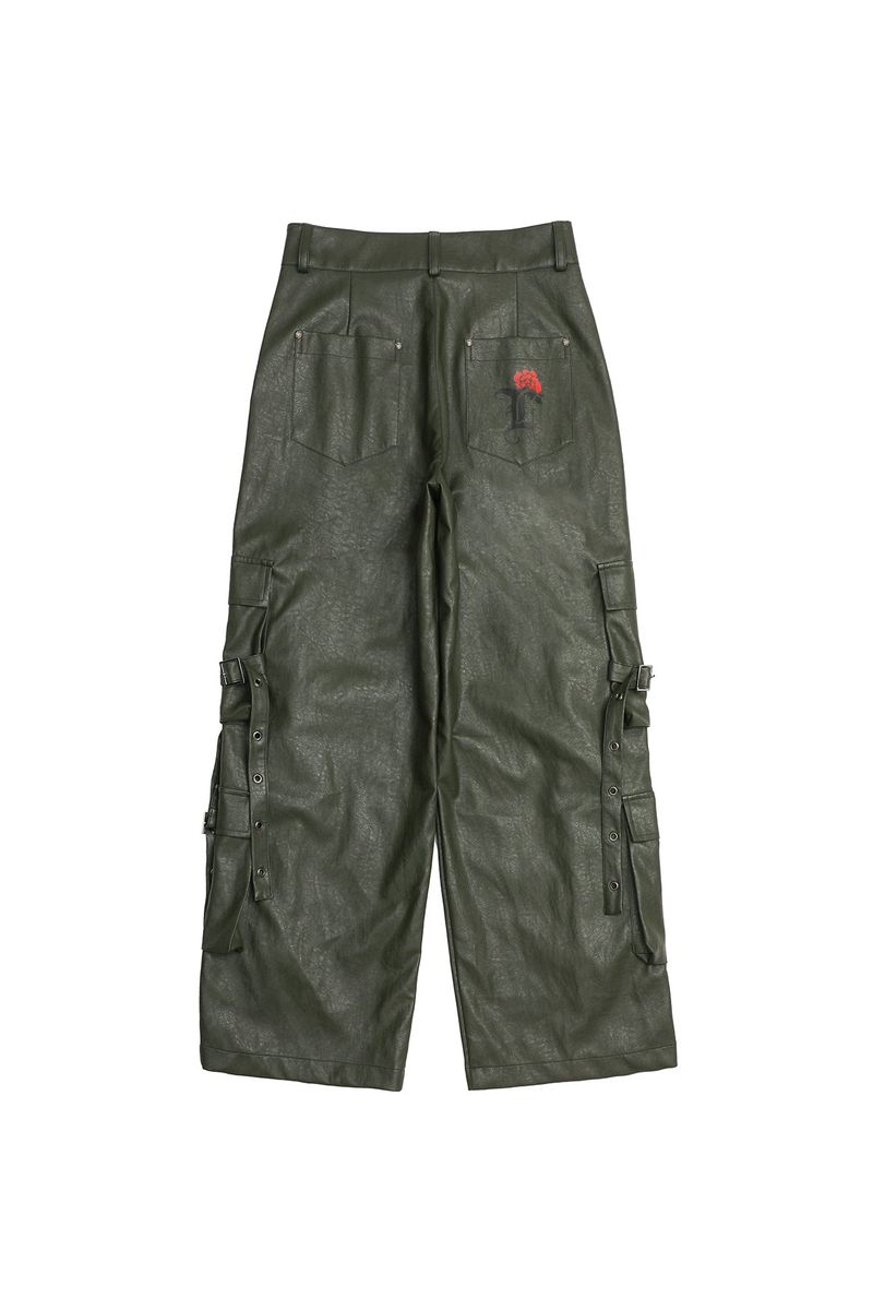 EYELET CARGO LEATHER PANTS KHAKI