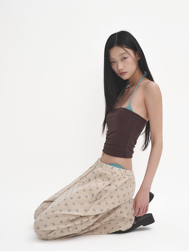Floral Pattern Waffle Loose fit Pants_Dusty Beige