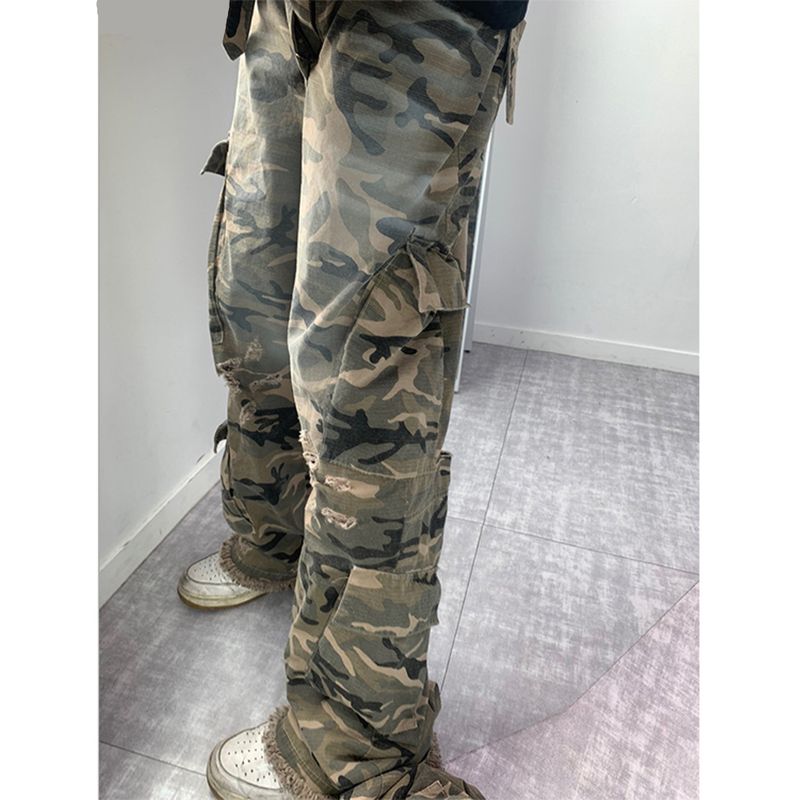 Bluesf Semi-Flare Destroyed Camo Cargo Pants