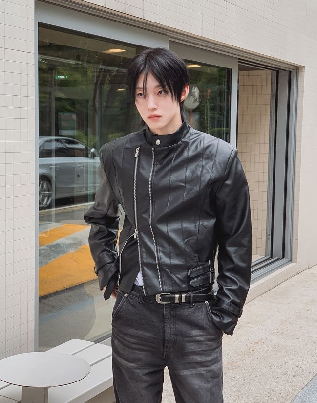 ジェロン ダイアゴナル ジッパー レザー ライダー ジャケット