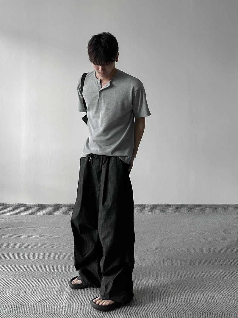 ワッフルヘンリーネックハーフTシャツ