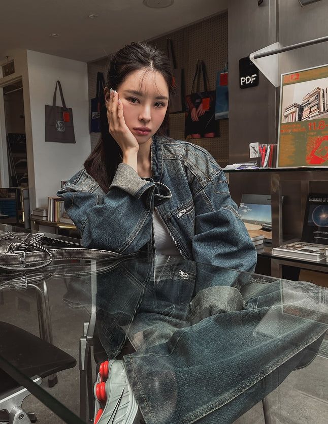 Ocean Washing Stitch Biker Denim Jacket