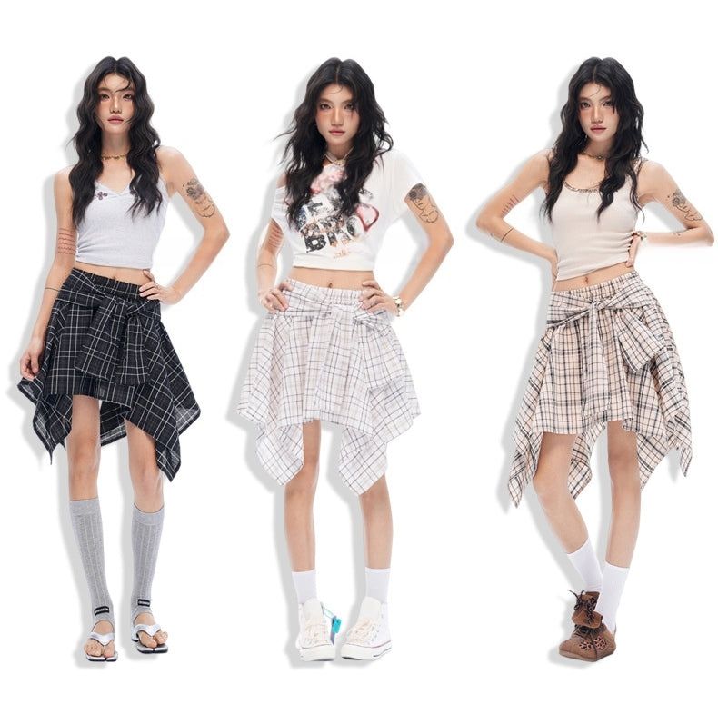 Vintage Check Ribbon Wrap Mini Skirt Pants