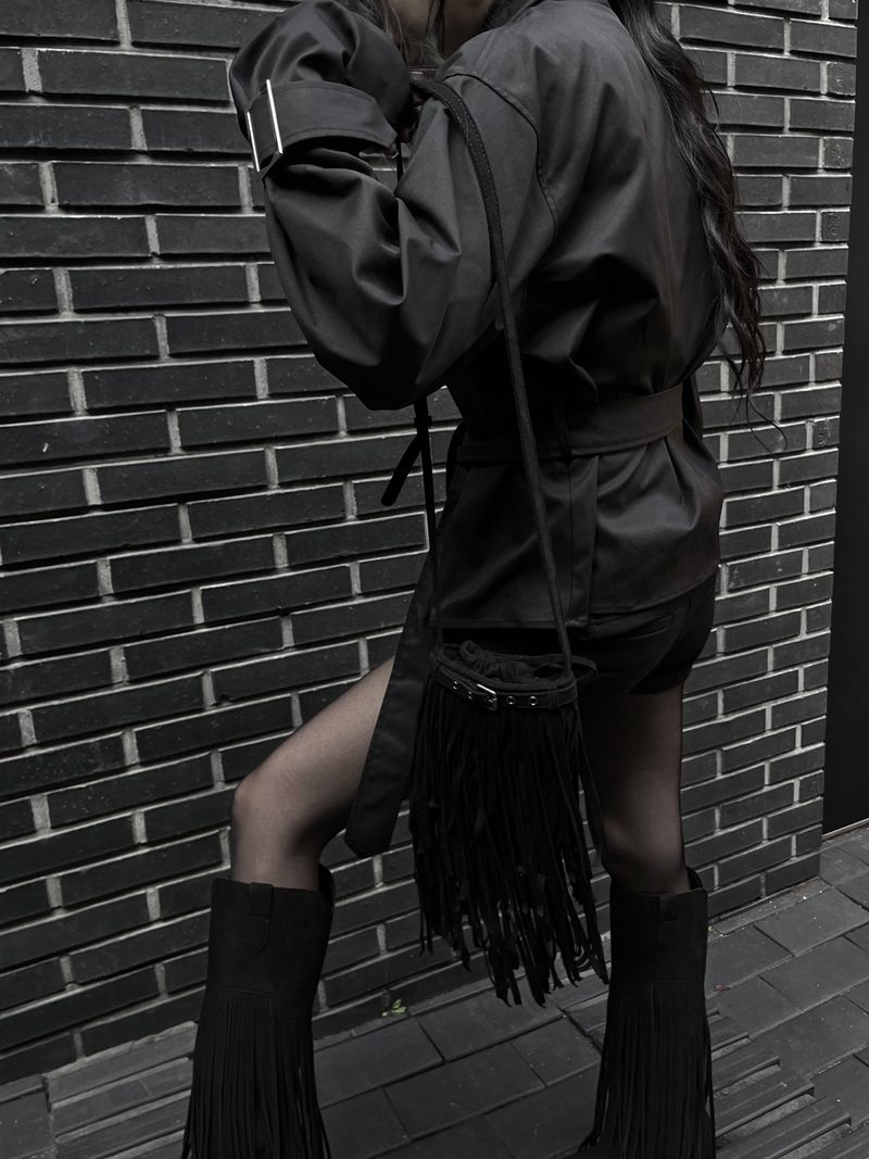 suede fringe shoulder bucket bag