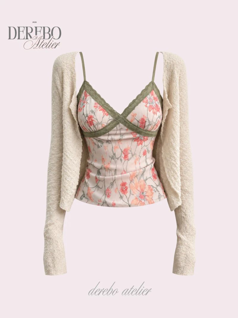 Rene Khaki Sleeveless Cardigan Two-Piece Top