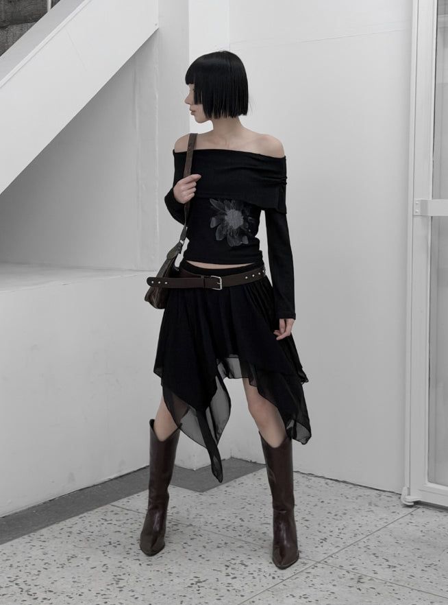 Roach chiffon unbalanced flare skirt