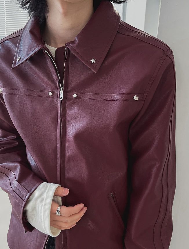 Star stud track line leather jacket