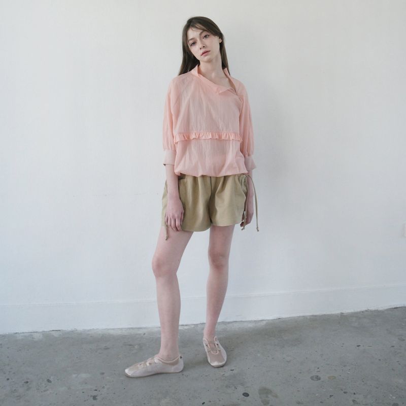 Pink Nylon Ruffle Blouse