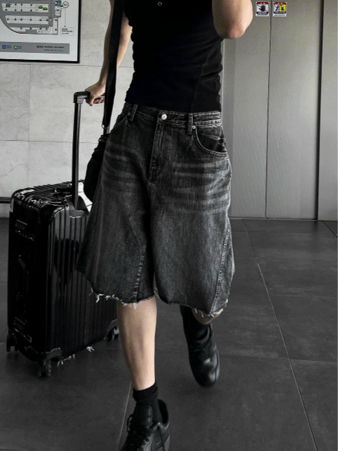 Black Washed Denim Bermuda Shorts Pants