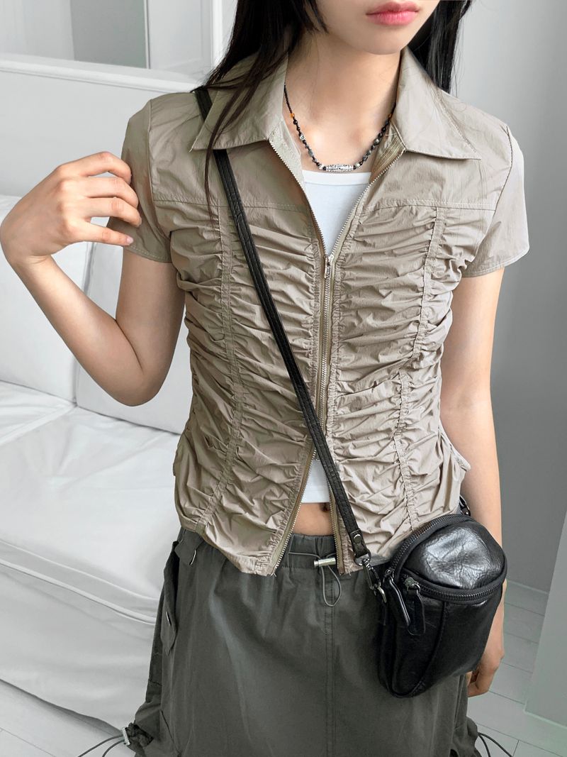 Pave gopchang pleated shirring two-way nylon short-sleeved jacket