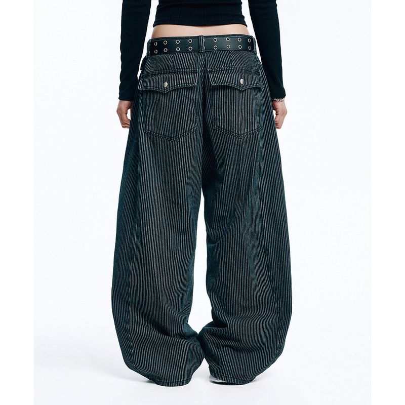 Curved Stripe Denim Pants - Navy