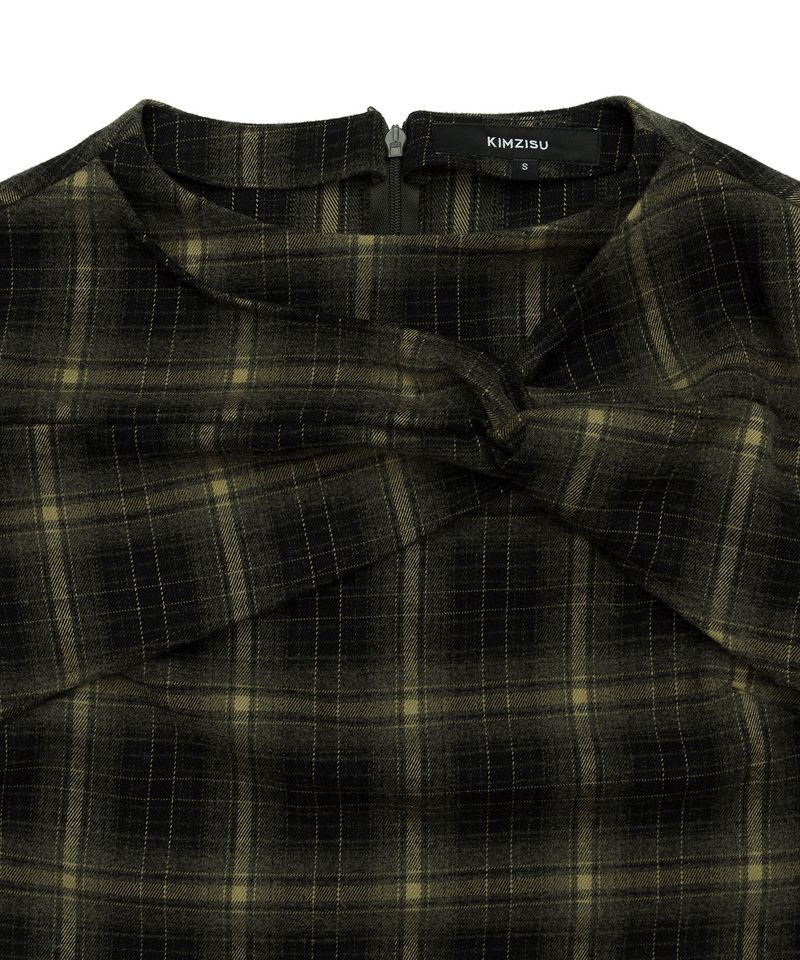 Twisted Check High-neck Top _ KHAKI