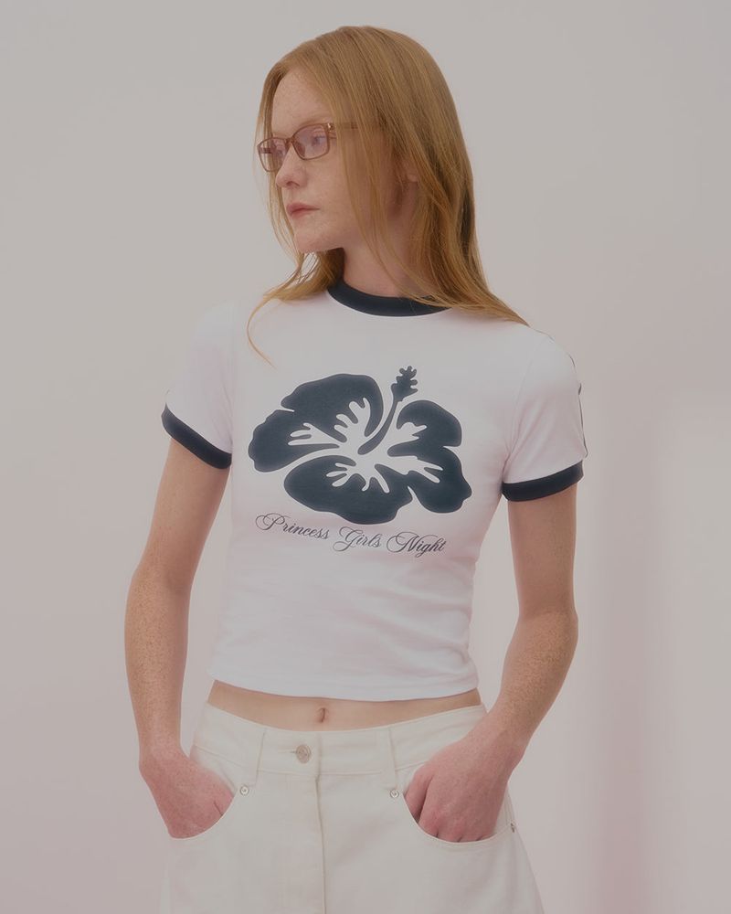 ALOHA FLOWER RINGER CROP TSHIRT-WHITE