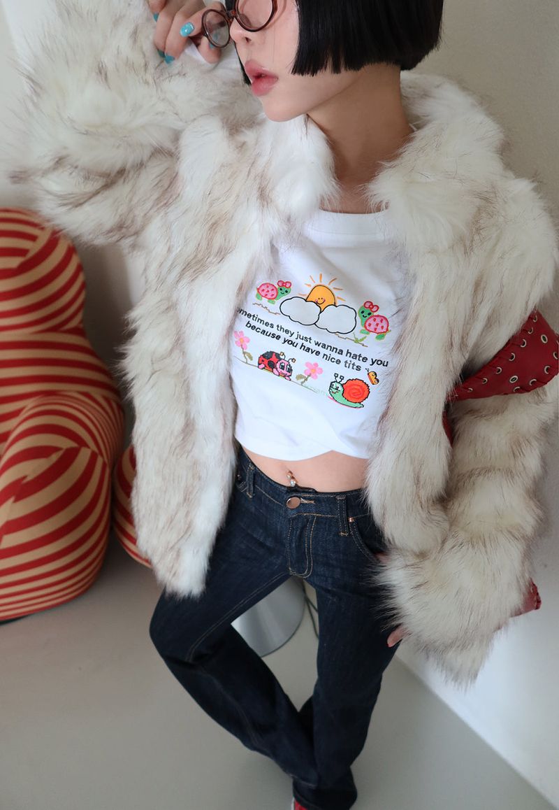 High-neck fake fur jacket coat