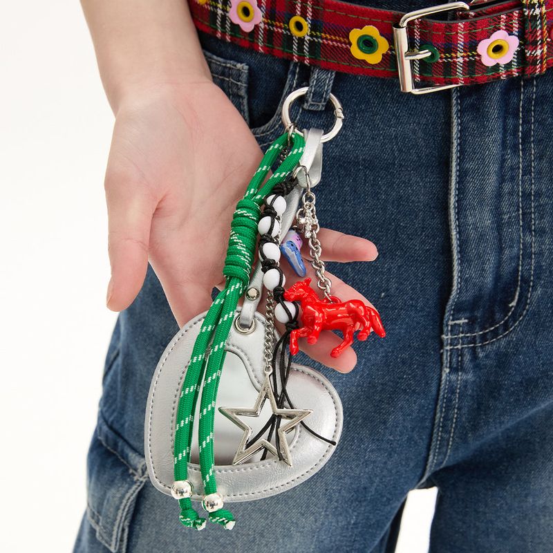 Heart Mirror Pony String Keyring _ Silver