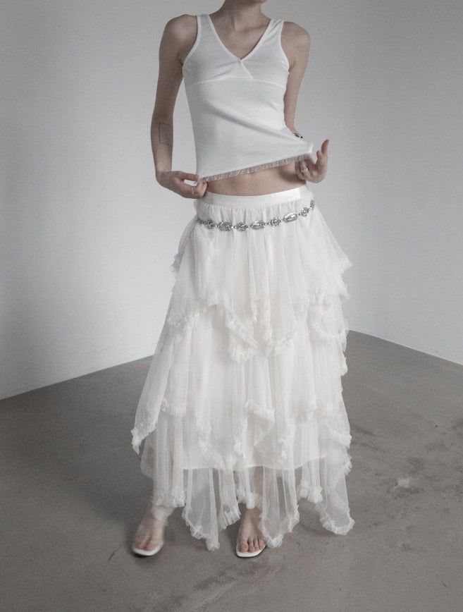 mnem（ムネム）の「Cherian Chiffon Unbalance Tiered Skirt（Skirts）」
