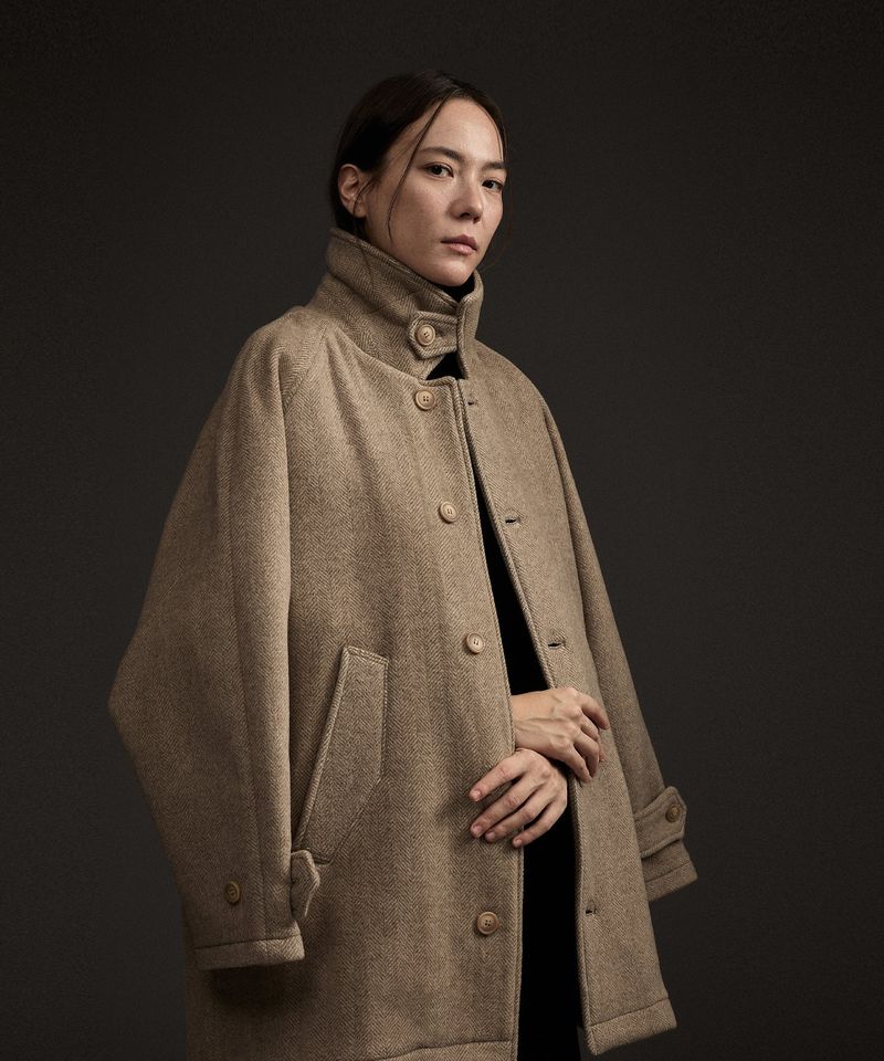 W BALMACAAN HERRINGBONE WOOL CASHMERE HALF COAT BEIGE