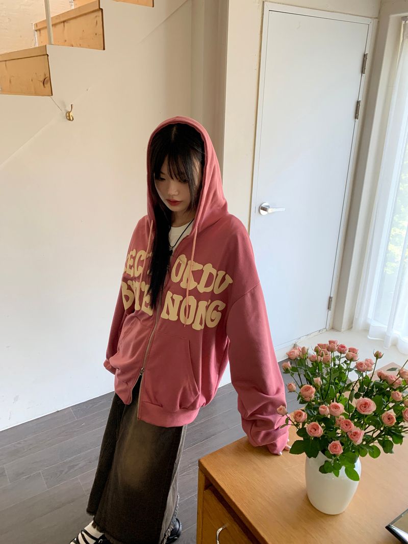 Before overfit lettering two-way hooded zip-up