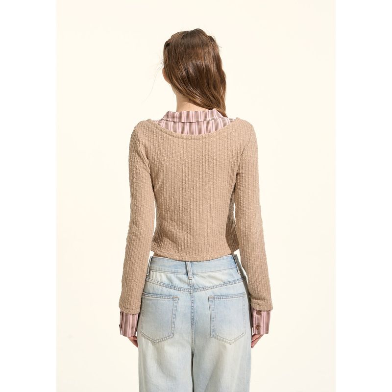 [GirlyFancyClub] high-intelligence miu style*pink and brown striped small lapel faux two-piece knitted top for