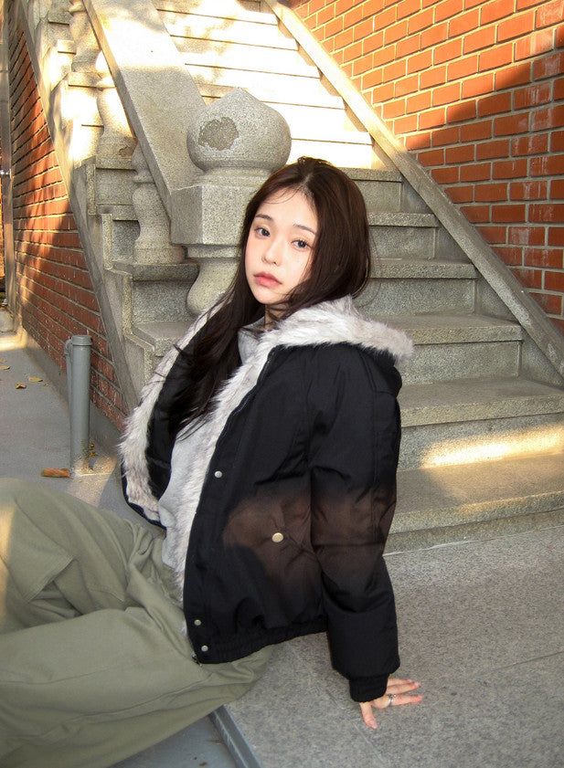 #Fur Hood Crop Zip-up Jumper (2color)