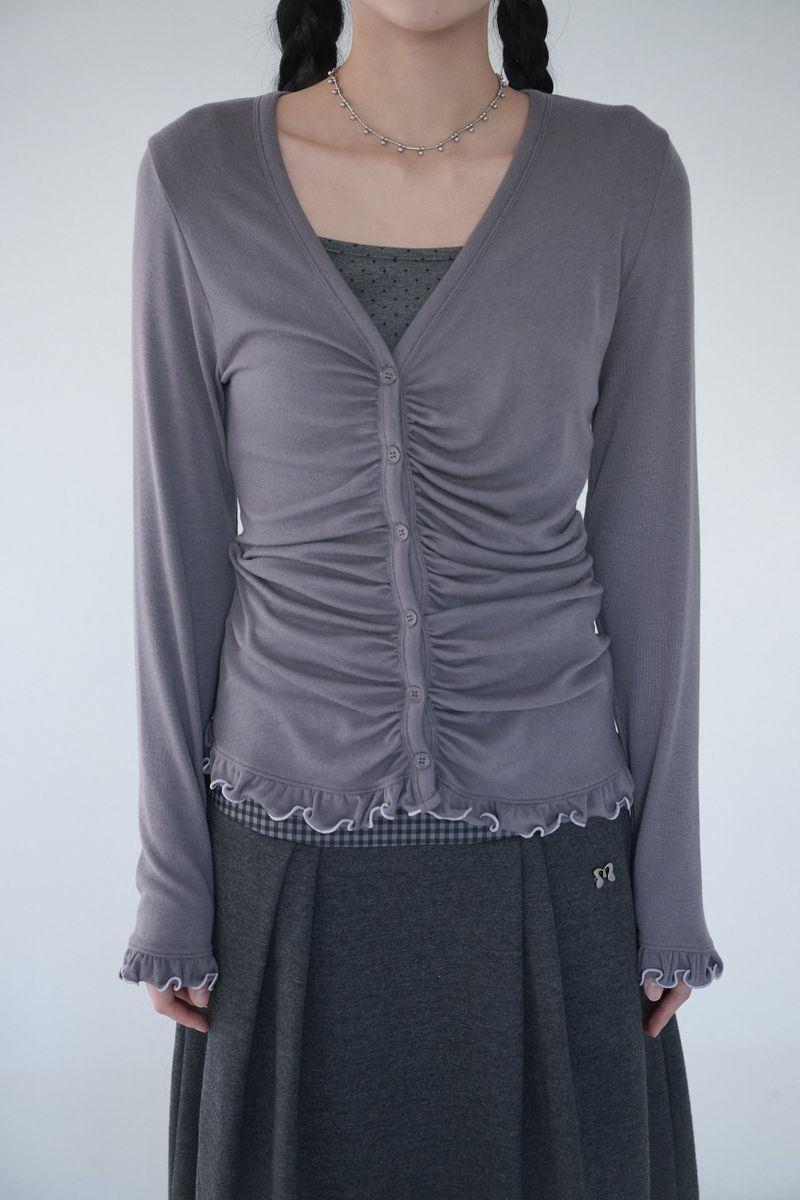 ASYMMETRIC SHIRRING LACE CARDIGAN SMOKE PURPLE