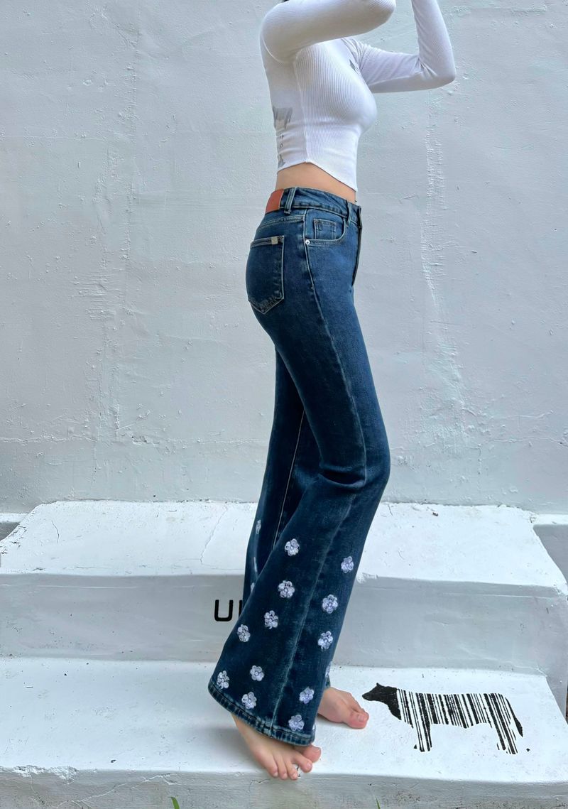 DARK BLUE EMBROIDERED SPANDEX BOOTCUT DENIM PANTS code 18315