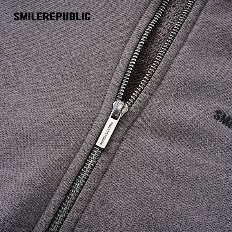 Gray Washed Cotton Distressed Full Zip Hoodie with Tonal Logo and Raw Edge Pockets