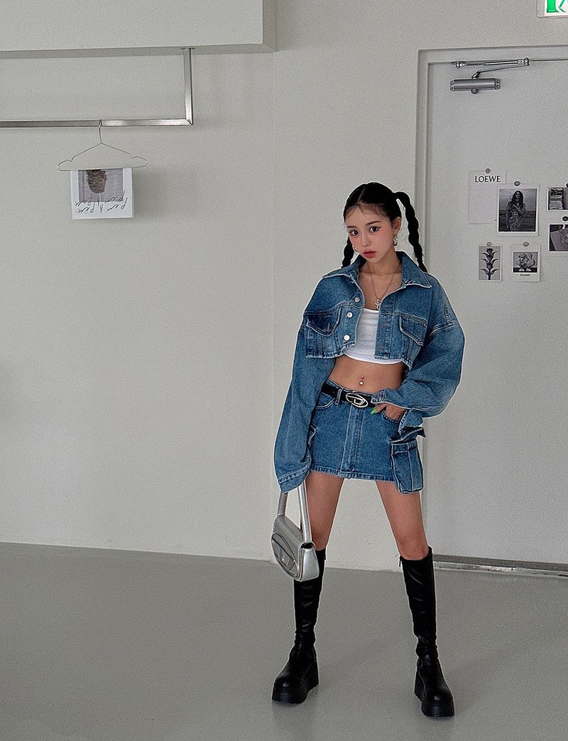 Wafer pocket cropped jean jacket