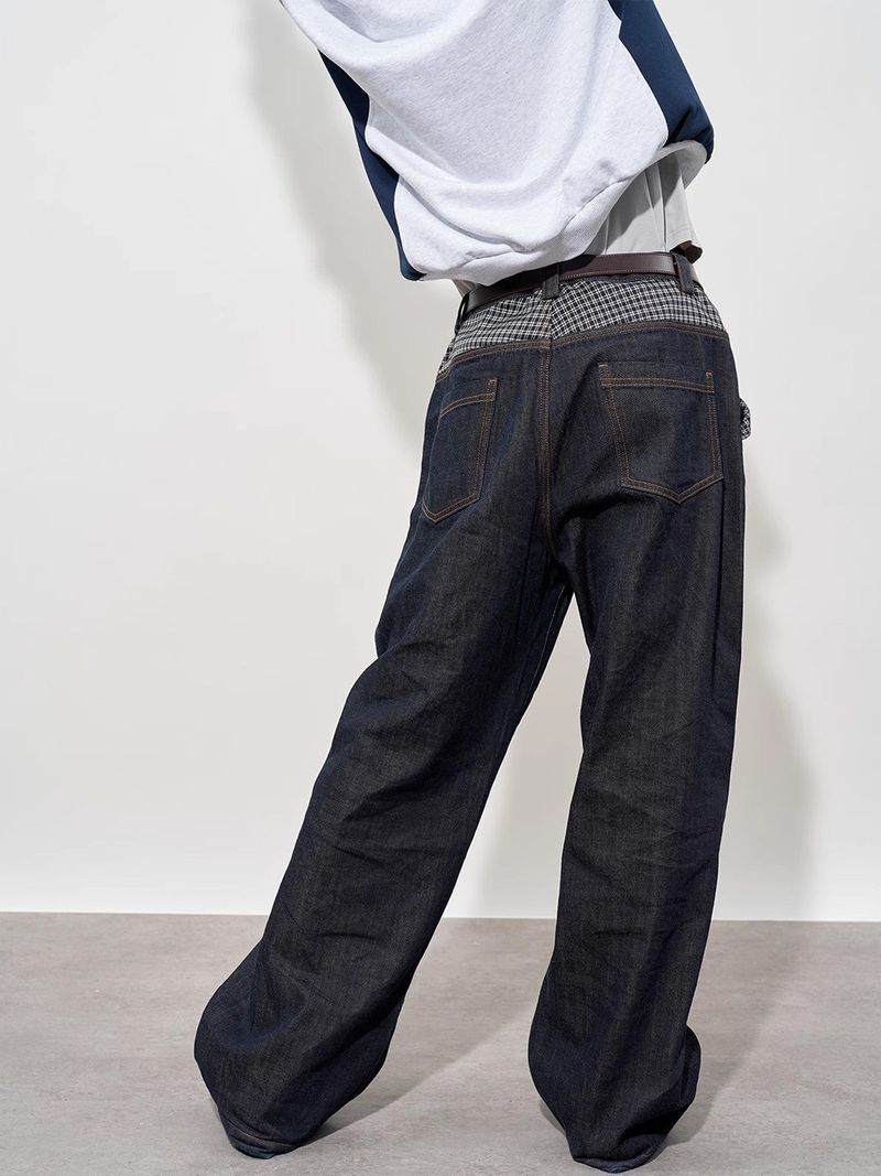 FMACM Checkered Spliced Bare Denim Trousers