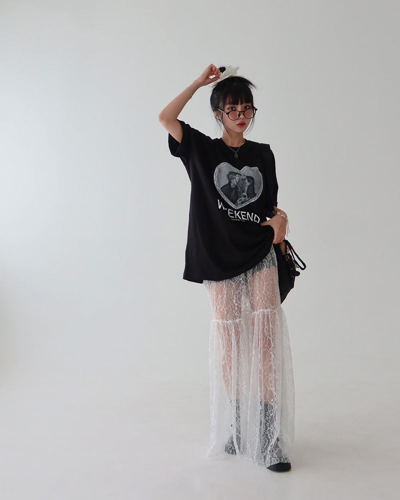 lace see-through flare layered maxi long skirt