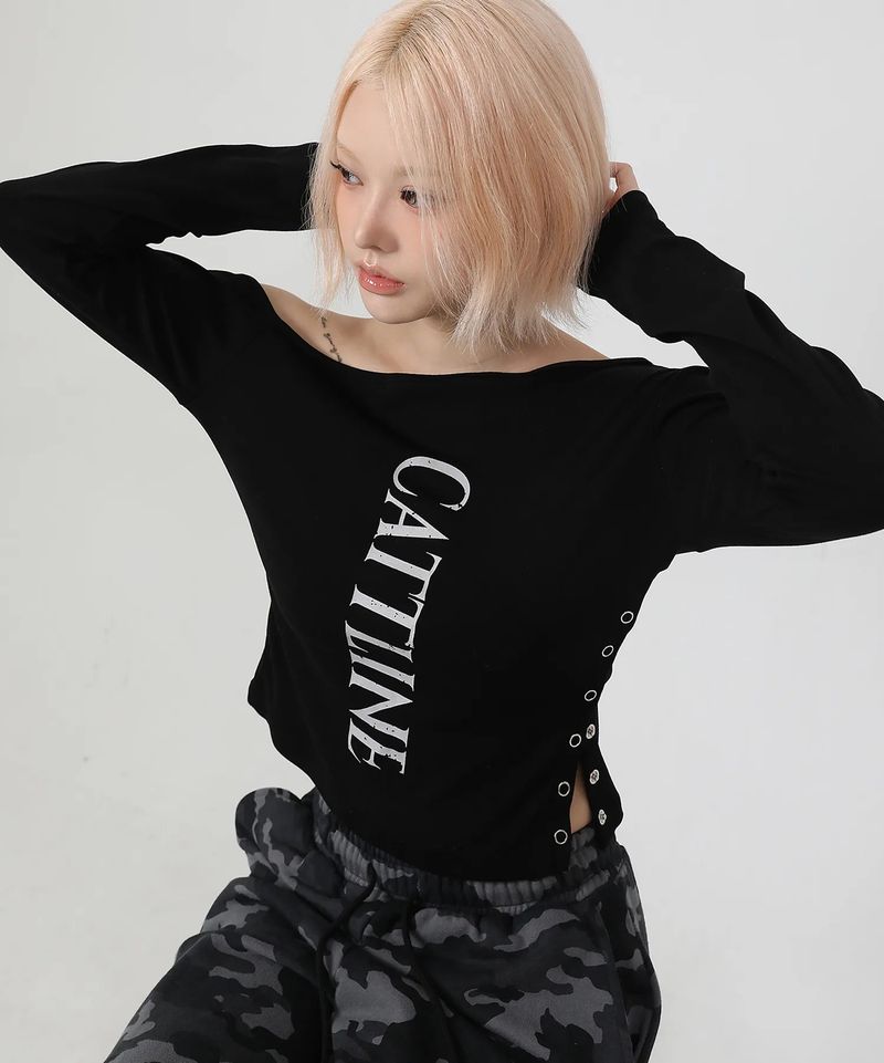 One Shoulder Logo Snap T-shirt_black