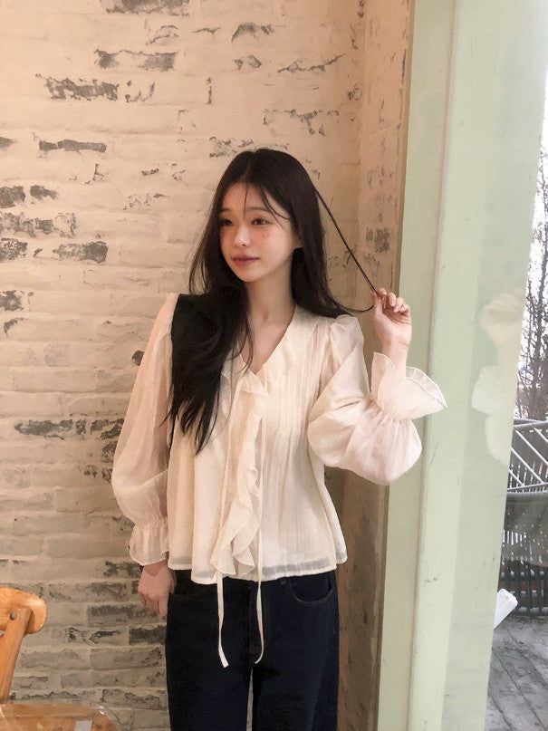 AD Strap Pintuck Frill Ruffle Blouse (3color)