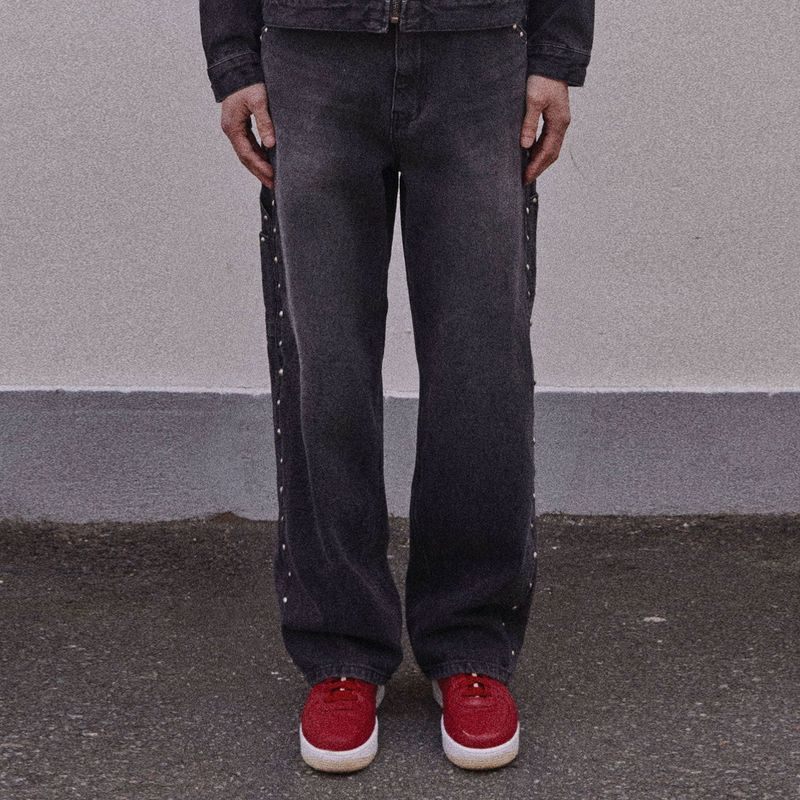 STUD STRAIGHT FIT CARPENTER DENIM PANTS_BLACK