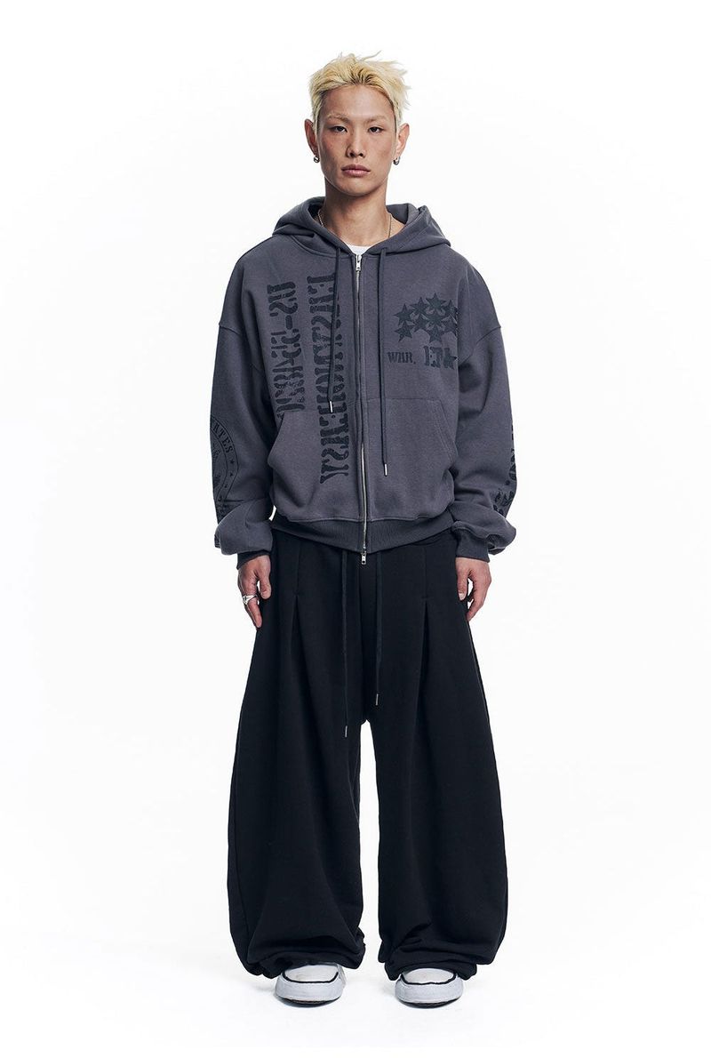 Marine Crack Print Hooded Zip-Up - Charcoal