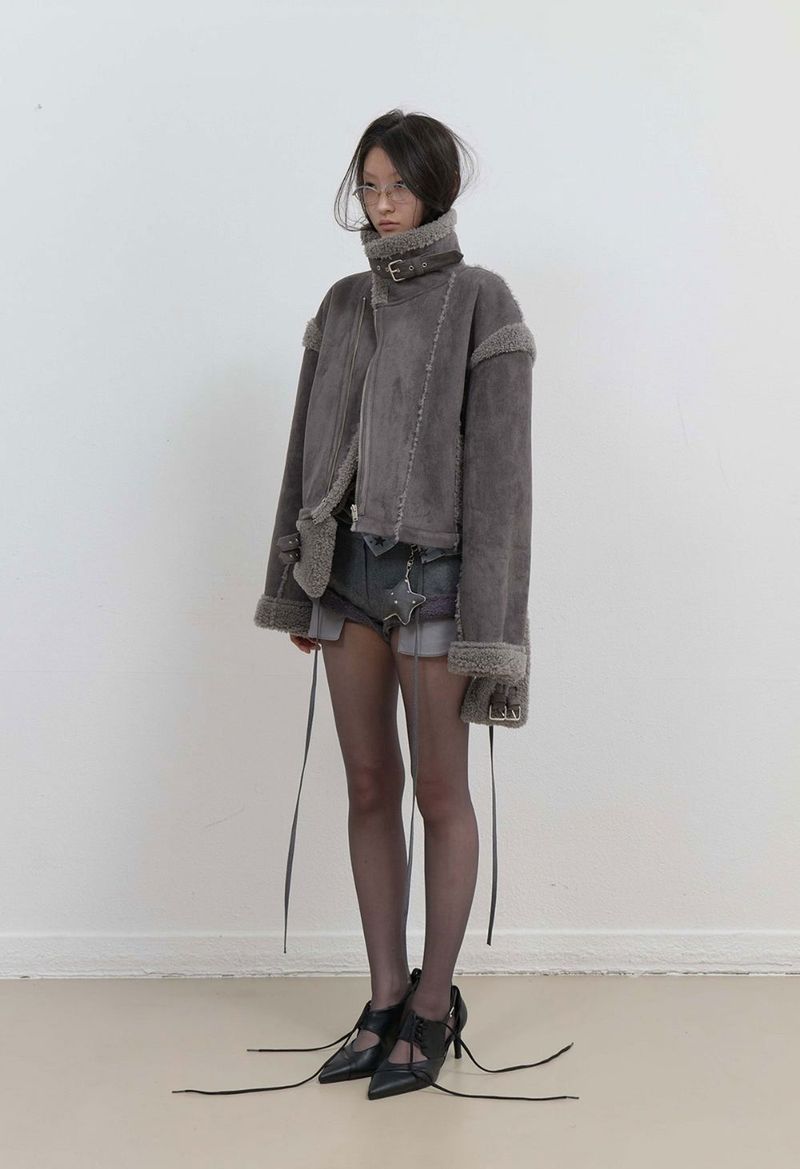 Detachable Fur Shearling Jacket / Charcoal