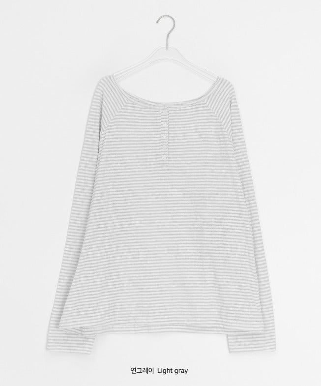 Dre Stripe Summer Button Off-Shoulder Long Sleeve Tee