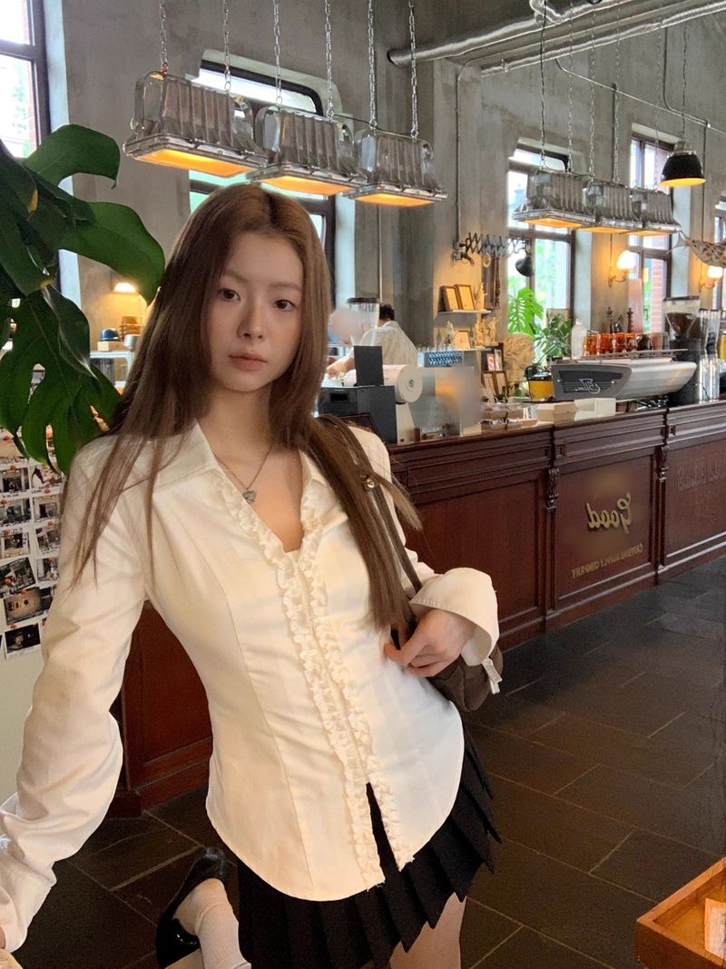 White V-neck Frill Style Long-Sleeved Shirt