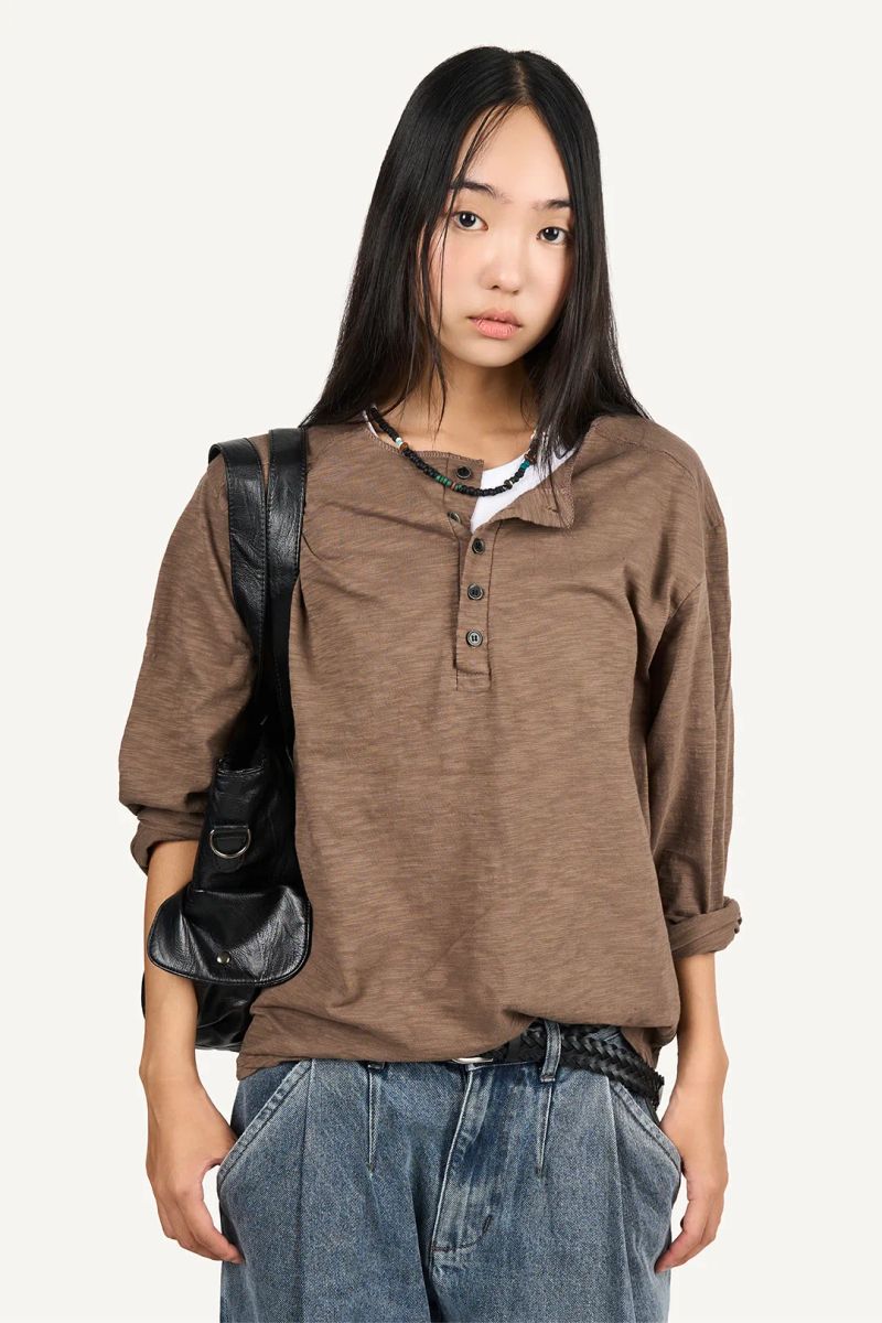Henley neck slub cotton long sleeve