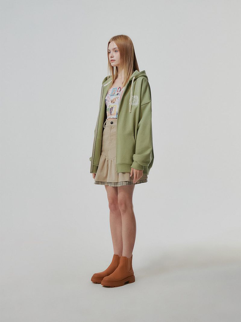 HEAVY WEIGHT OVERFITTED UNIVERSITY LOGO EMBROIDERY HOODIE ZIP UP_ SAGE GREEN