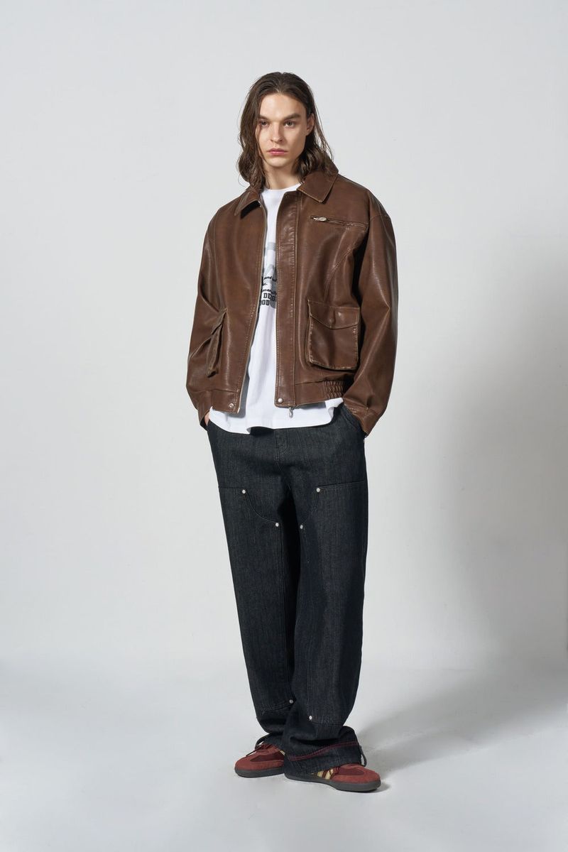 Vegan Leather Pocket blouson - BROWN