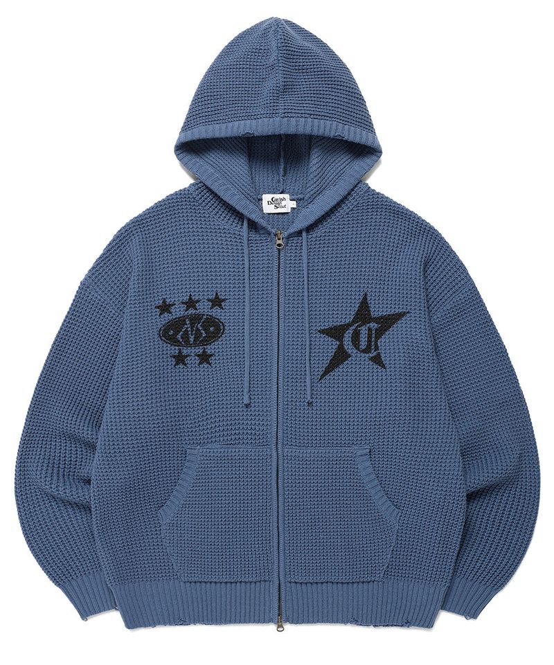 cavish（カビシ）の「DAMAGED KNIT ZIP UP HOODIE BLUE(CV2DFUK681A)（Tops）」
