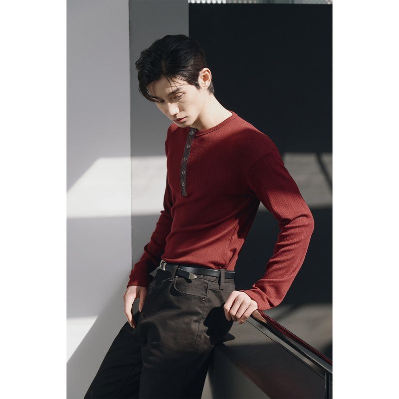 Leather ribbed henry neck long sleeves(Burgundy)