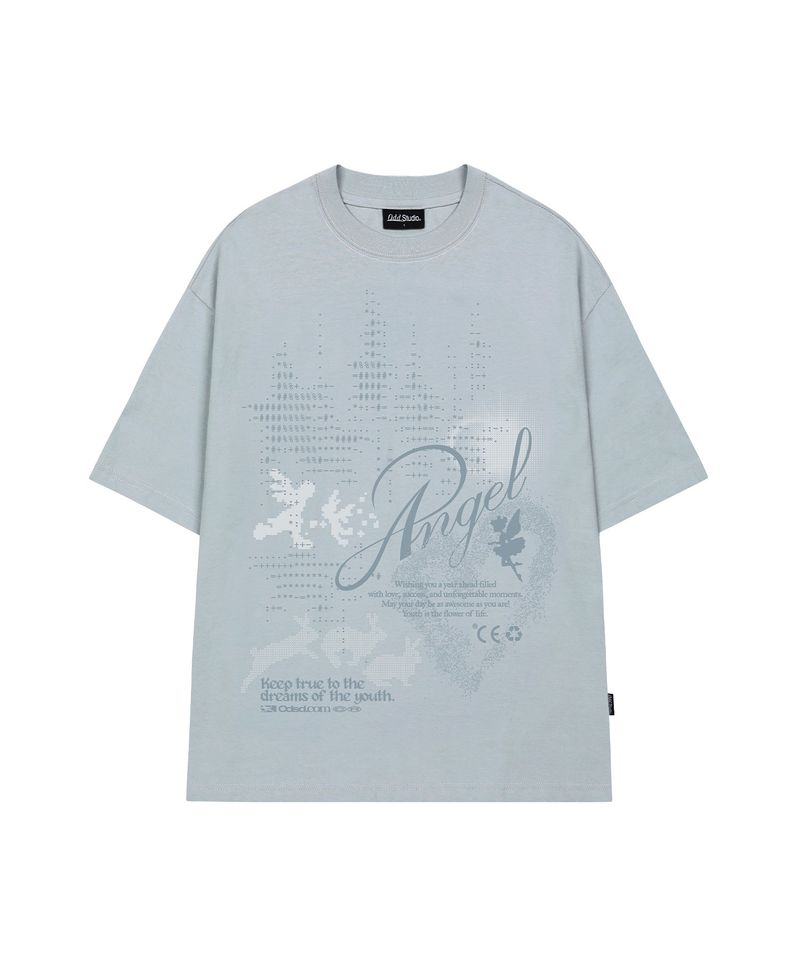ODDSTUDIO（オッドスタジオ）の「エンジェルラビットアスキーグラフィックオーバーフィットTシャツ - グレイッシュブルー（トップス）」